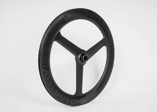 Black three-spoke bicycle wheel on a white background
