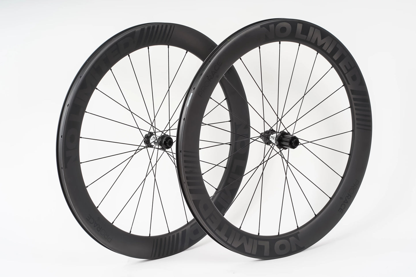 Two black bicycle wheels with 'No-Limited' branding on a white background