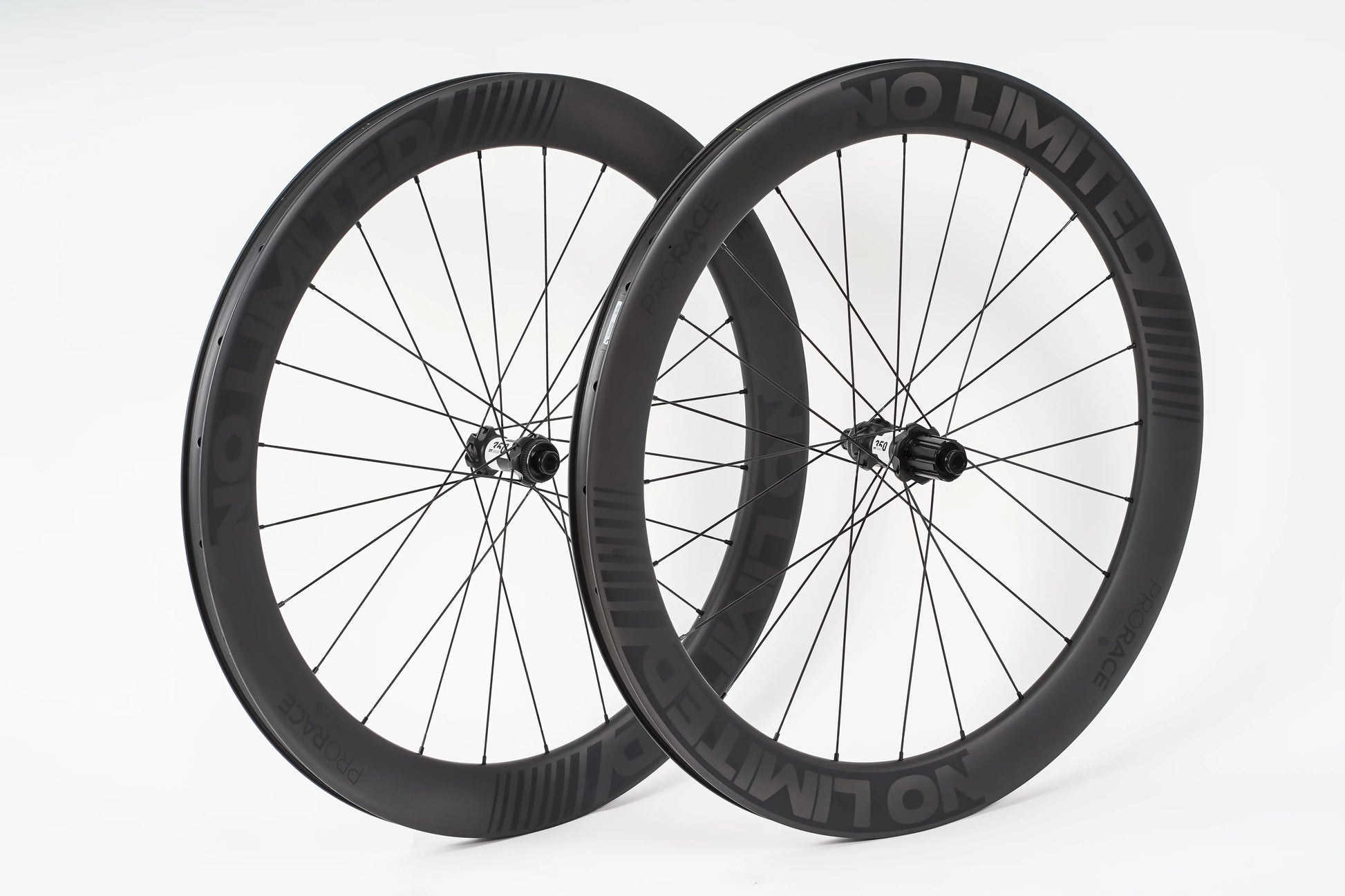 Two black bicycle wheels with 'No-Limited' branding on a white background
