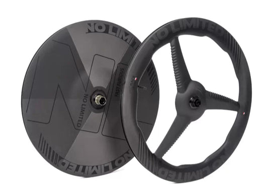 Black bicycle wheel with 'NO LIMITED' branding on a white background