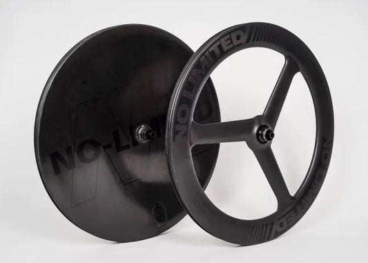 Black bicycle wheel with 'NO-LIMITED' branding on a white background