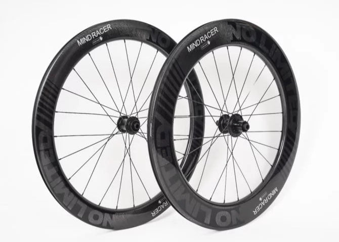 Two bicycle wheels with 'MIND RACER' branding on a white background