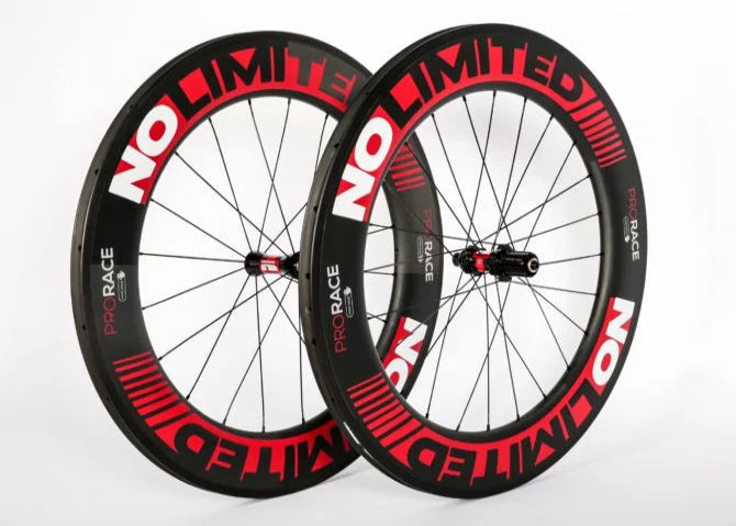 Two bicycle wheels with 'NO LIMITED' branding on a white background