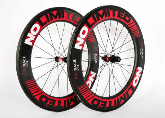 Two bicycle wheels with 'NO LIMITED' branding on a white background
