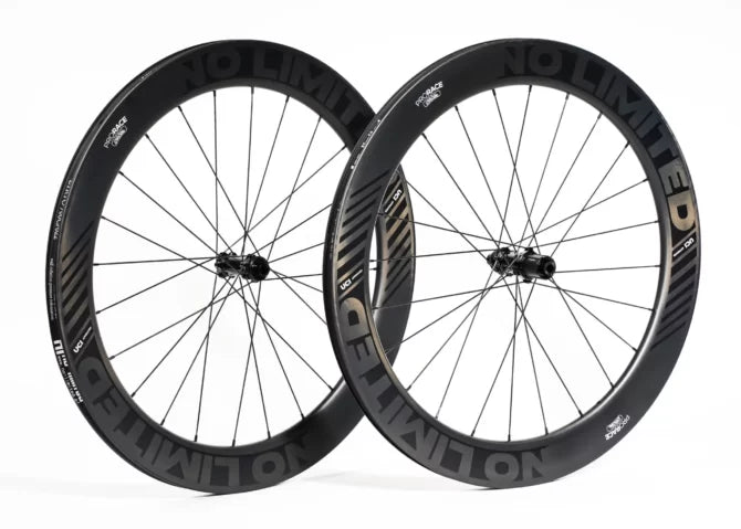 Pair of bicycle wheels with 'NO LIMITED' branding on a white background