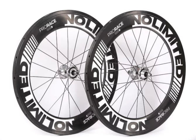 Two bicycle wheels with 'No-Limited' and 'ProRace' branding on a white background