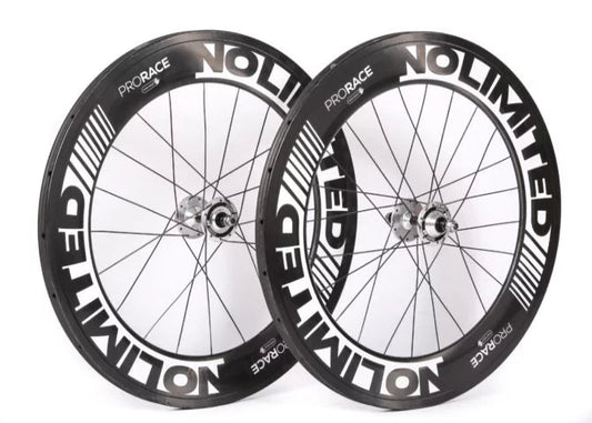 Two bicycle wheels with 'No-Limited' and 'ProRace' branding on a white background