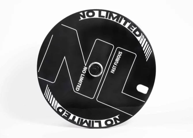Black disc with white text and branding on a white background
