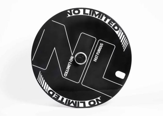 Black disc with white text and branding on a white background