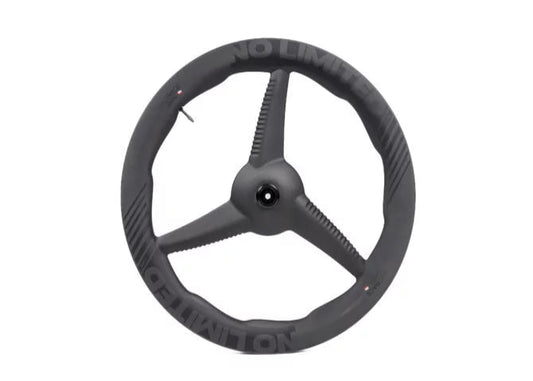 Black steering wheel with 'NO LIMITED' branding on a white background