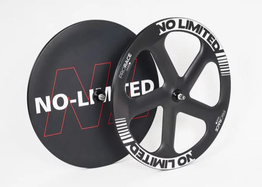 Black bicycle wheel with 'NO-LIMITED' branding on a white background